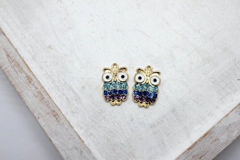 rhinestone owl charm, gold plated charms, owl charms, rhinestone charm, mixed metal, 23mm x 13mm, hole 1.5mm, sold as 2 pieces.